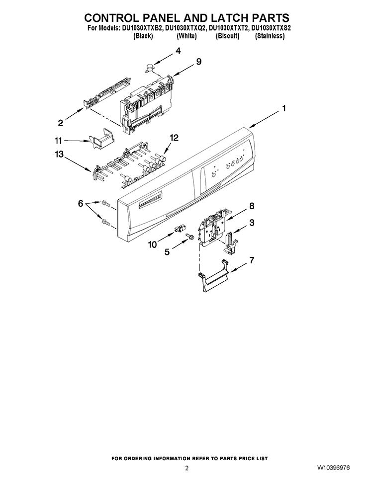 CONTROL PANEL AND LATCH PARTS Diagram and Parts List for DU1030XTXB2  Whirlpool Dishwasher