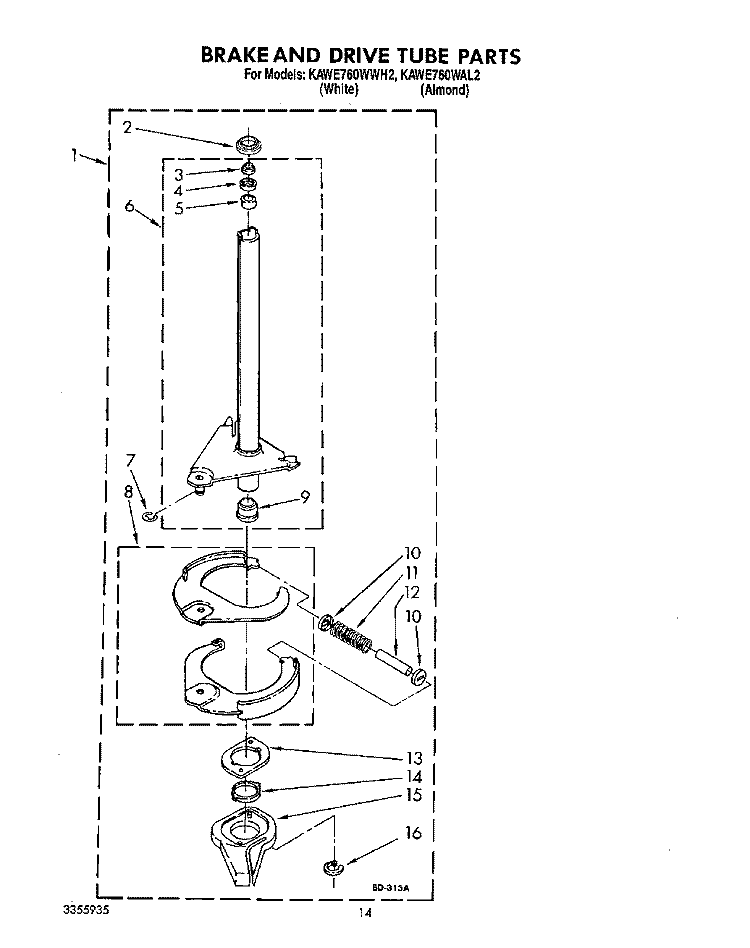 BRAKE AND DRIVE TUBE Diagram and Parts List for KAWE760WWH2  KitchenAid Washer