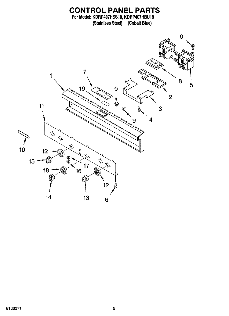 CONTROL PANEL PARTS Diagram and Parts List for KDRP407HBU10  KitchenAid Range