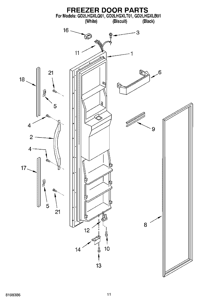 FREEZER DOOR Diagram and Parts List for GD2LHGXLB01  Whirlpool Refrigerator