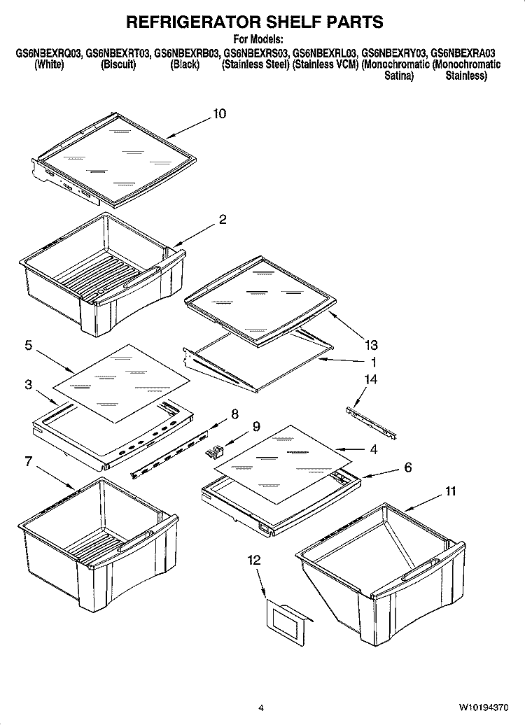REFRIGERATOR SHELF PARTS Diagram and Parts List for GS6NBEXRL03  Whirlpool Refrigerator
