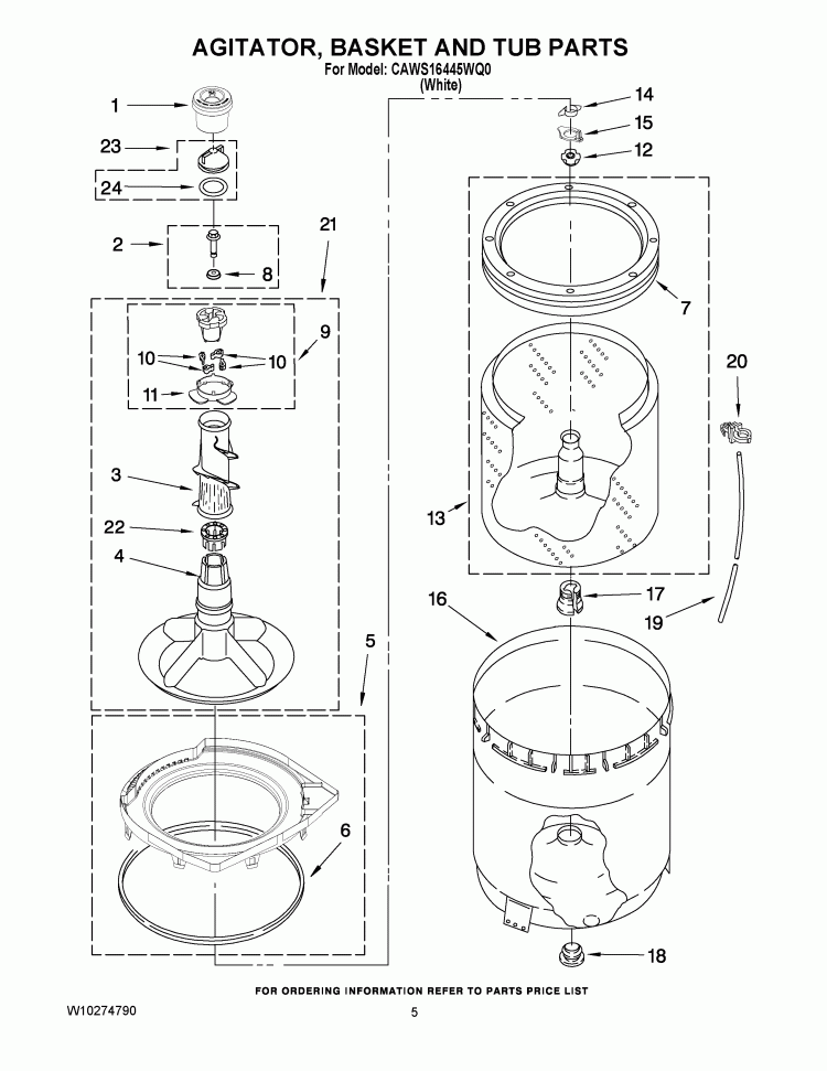 AGITATOR, BASKET AND TUB PARTS Diagram and Parts List for CAWS16445WQ0  Crosley Washer