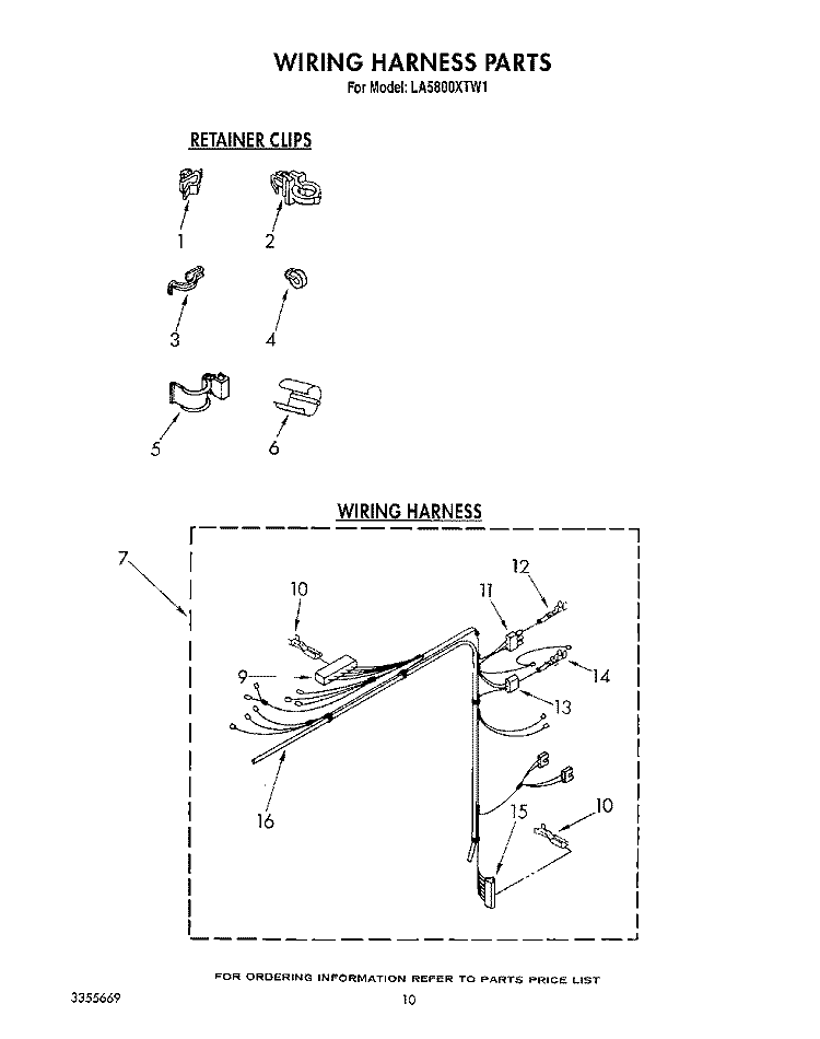 WIRING HARNESS Diagram and Parts List for LA5800XTF1  Whirlpool Washer