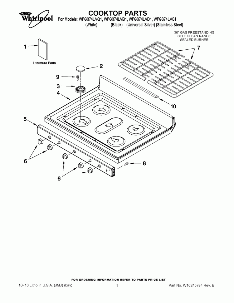 COOKTOP PARTS Diagram and Parts List for WFG374LVD1  Whirlpool Range