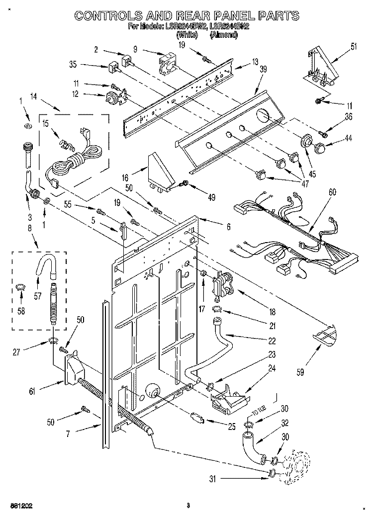 CONTROLS AND REAR PANEL Diagram and Parts List for LSR8244BW2  Whirlpool Washer