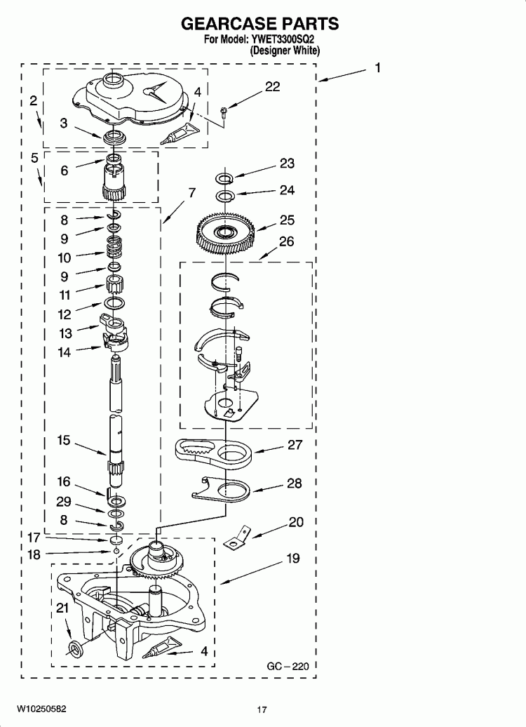 GEARCASE PARTS Diagram and Parts List for YWET3300SQ2  Whirlpool Washer Dryer Combo