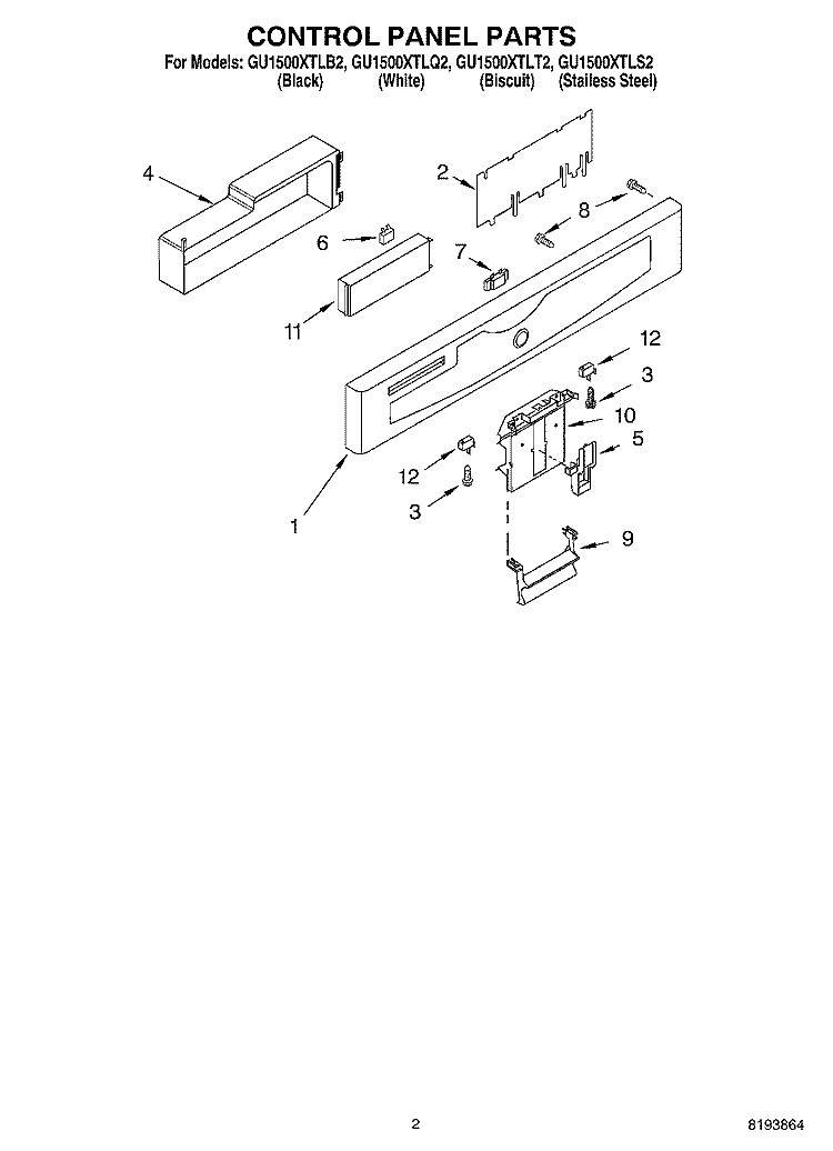 CONTROL PANEL PARTS Diagram and Parts List for GU1500XTLQ2  Whirlpool Dishwasher