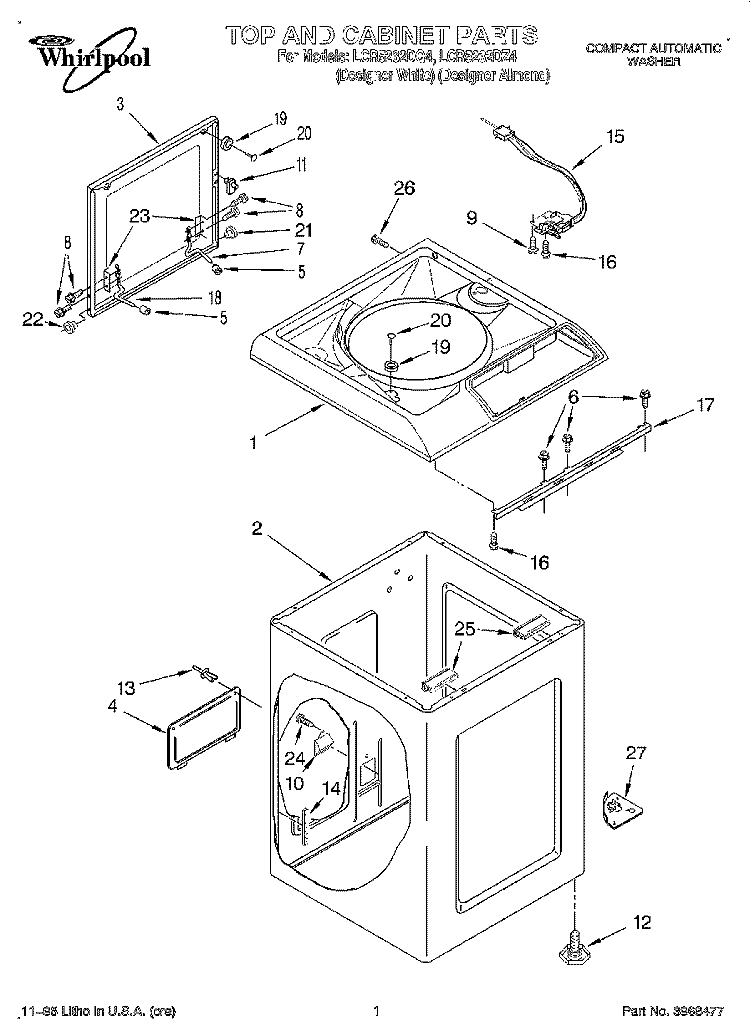 TOP AND CABINET Diagram and Parts List for LCR5232DZ4  Whirlpool Washer