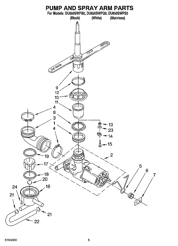 PUMP AND SPRAY ARM PARTS Diagram and Parts List for DU850SWPB0  Whirlpool Dishwasher