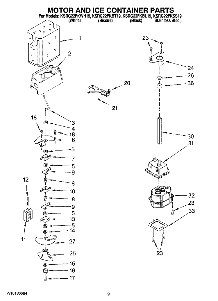 MOTOR AND ICE CONTAINER PARTS Diagram and Parts List for KSRG22FKWH19  KitchenAid Refrigerator