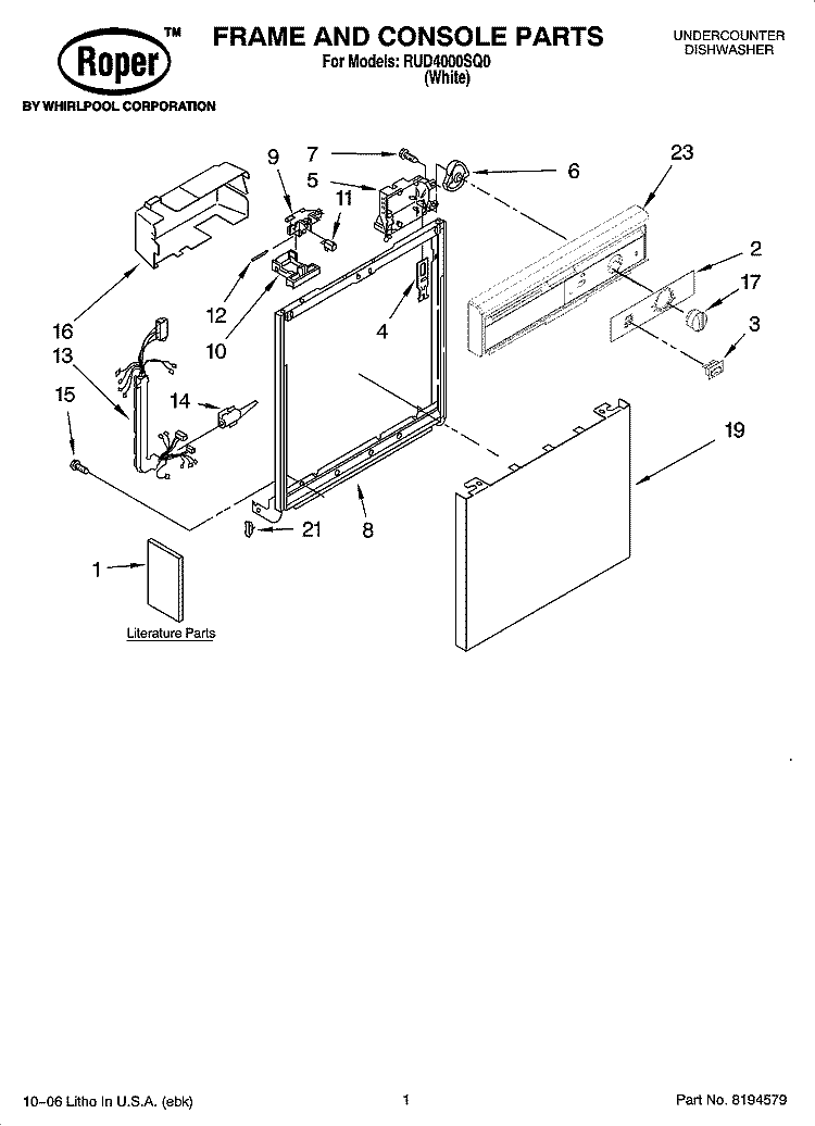 FRAME AND CONSOLE PARTS Diagram and Parts List for RUD4000SQ0  Roper Dishwasher
