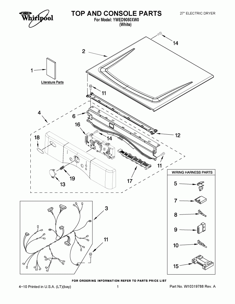 TOP AND CONSOLE PARTS Diagram and Parts List for YWED9050XW0  Whirlpool Dryer