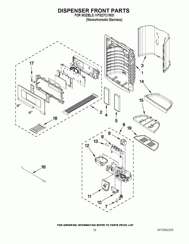 DISPENSER FRONT PARTS Diagram and Parts List for KFIS27CXMS1  KitchenAid Refrigerator