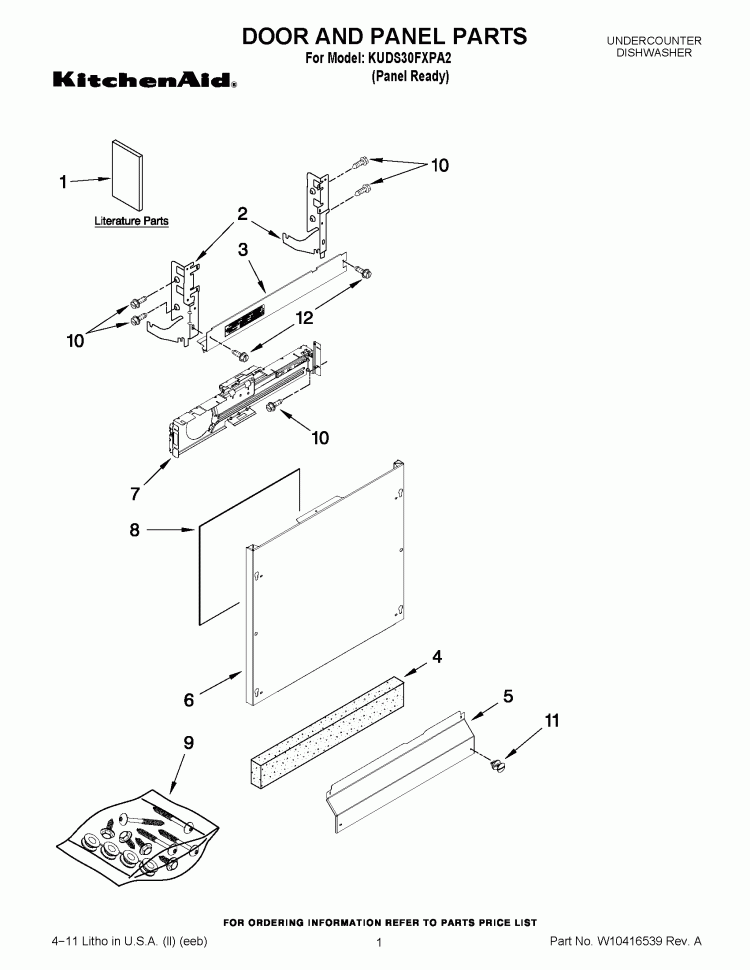 DOOR AND PANEL PARTS Diagram and Parts List for KUDS30FXPA2  KitchenAid Dishwasher