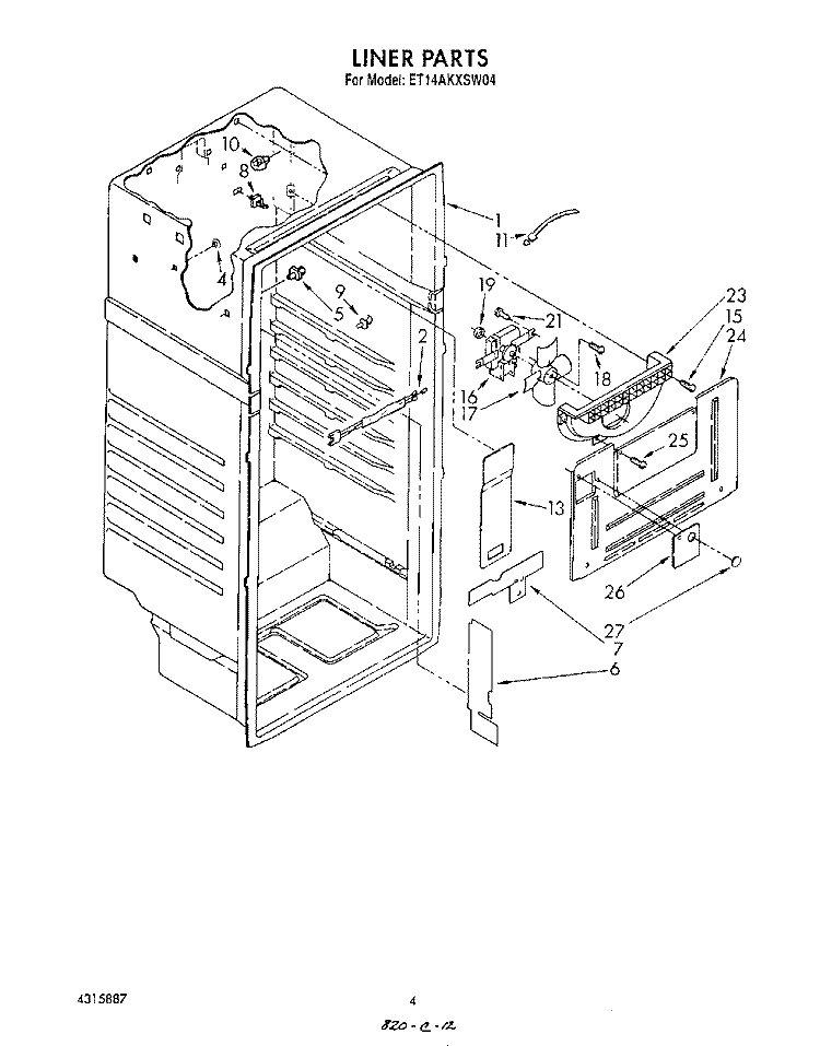 LINER Diagram and Parts List for ET14AKXSW04  Whirlpool Refrigerator