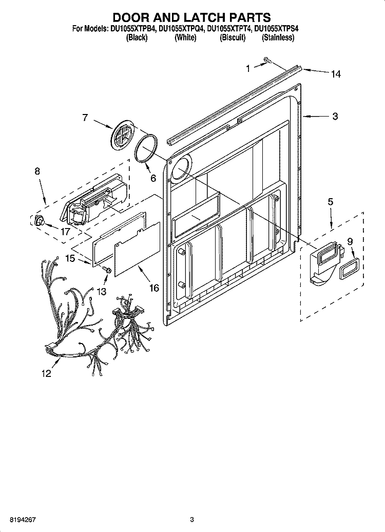 DOOR AND LATCH PARTS Diagram and Parts List for DU1055XTPQ4  Whirlpool Dishwasher