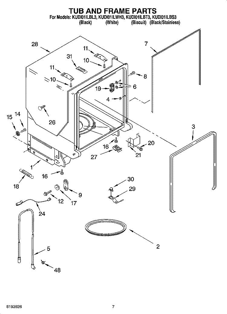 TUB AND FRAME PARTS Diagram and Parts List for KUDI01ILWH3  KitchenAid Dishwasher