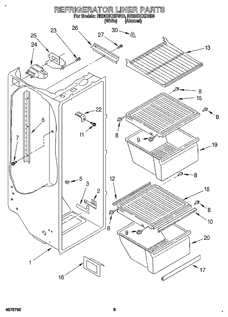 REFRIGERATOR LINER Diagram and Parts List for RS20DKXDW00  Roper Refrigerator
