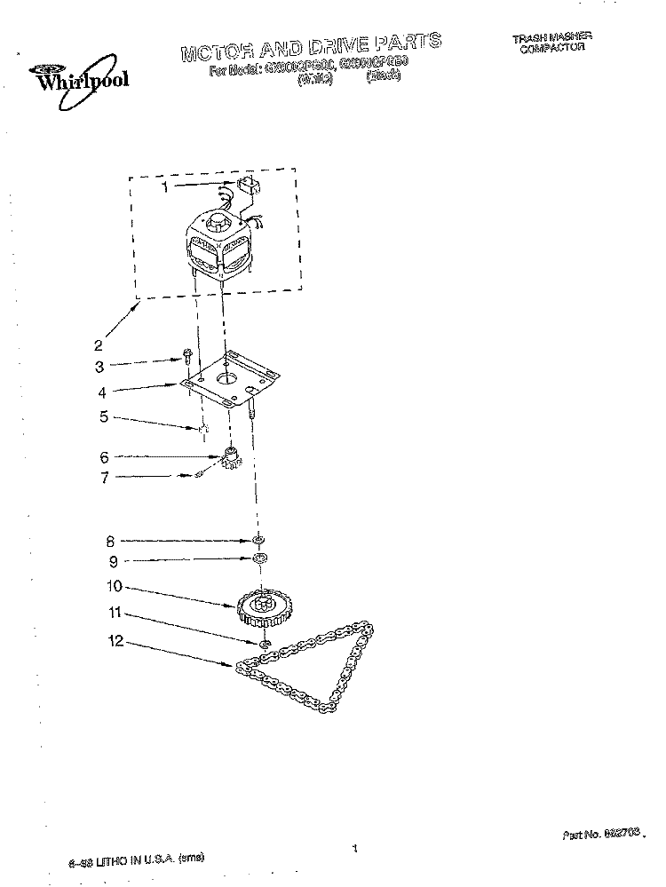 MOTOR AND DRIVE, LITERATURE Diagram and Parts List for GX900QPGQ0  Whirlpool Trash Compactor