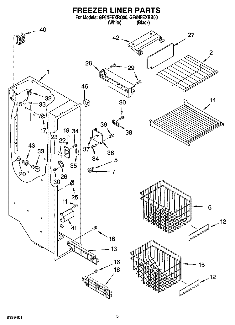 FREEZER LINER PARTS Diagram and Parts List for GF6NFEXRQ00  Whirlpool Refrigerator