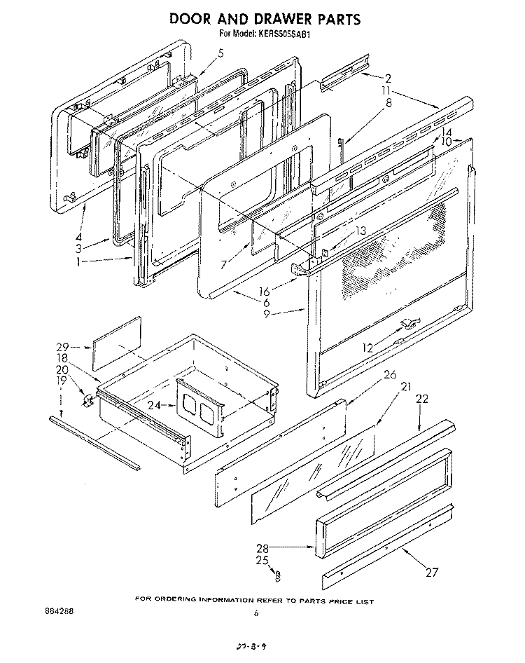 DOOR AND DRAWER Diagram and Parts List for KERS505SWB1  KitchenAid Range
