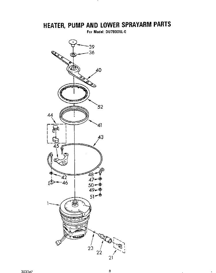 HEATER, PUMP AND LOWER SPRAYARM Diagram and Parts List for DU7900XL0  Whirlpool Dishwasher