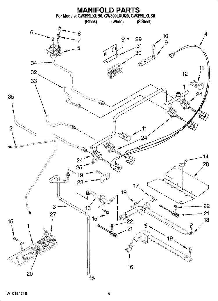 MANIFOLD PARTS Diagram and Parts List for GW399LXUB0  Whirlpool Range