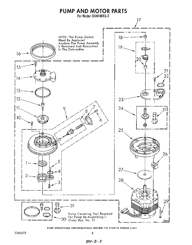 PUMP AND MOTOR Diagram and Parts List for DU9500XS3  Whirlpool Dishwasher