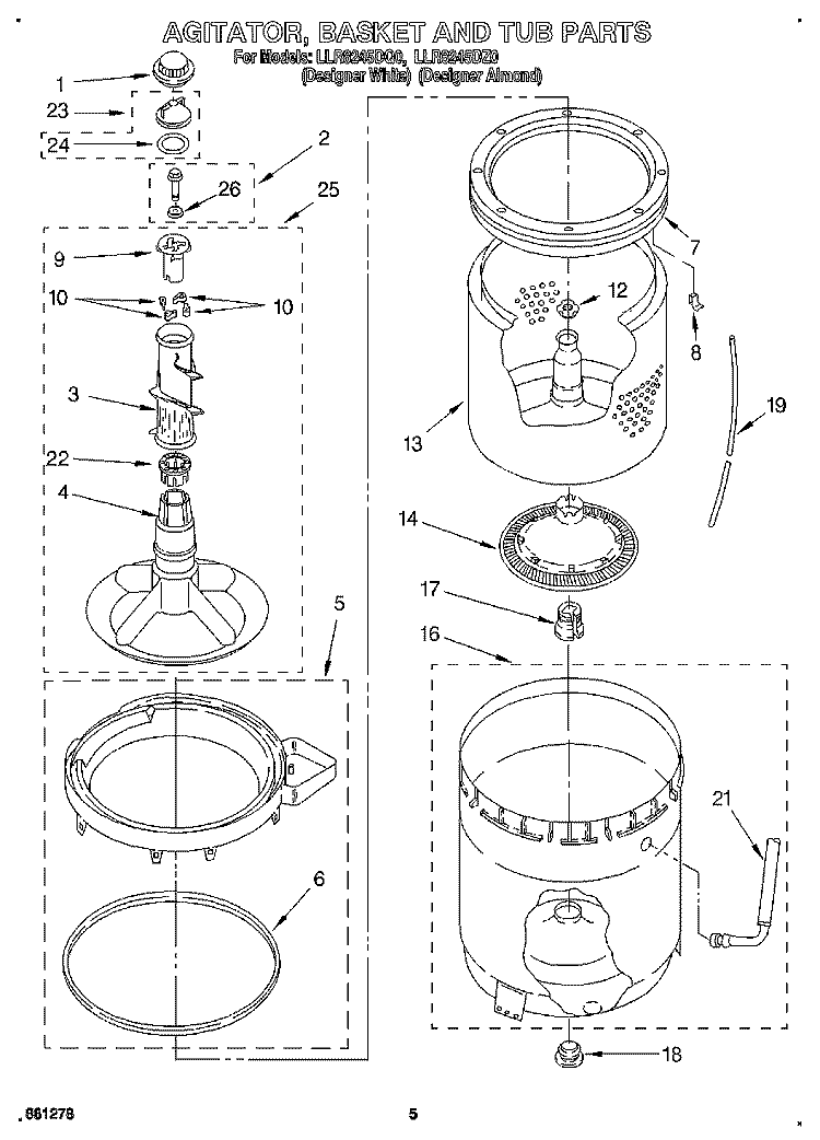 AGITATOR, BASKET AND TUB Diagram and Parts List for LLR8245DQ0  Whirlpool Washer