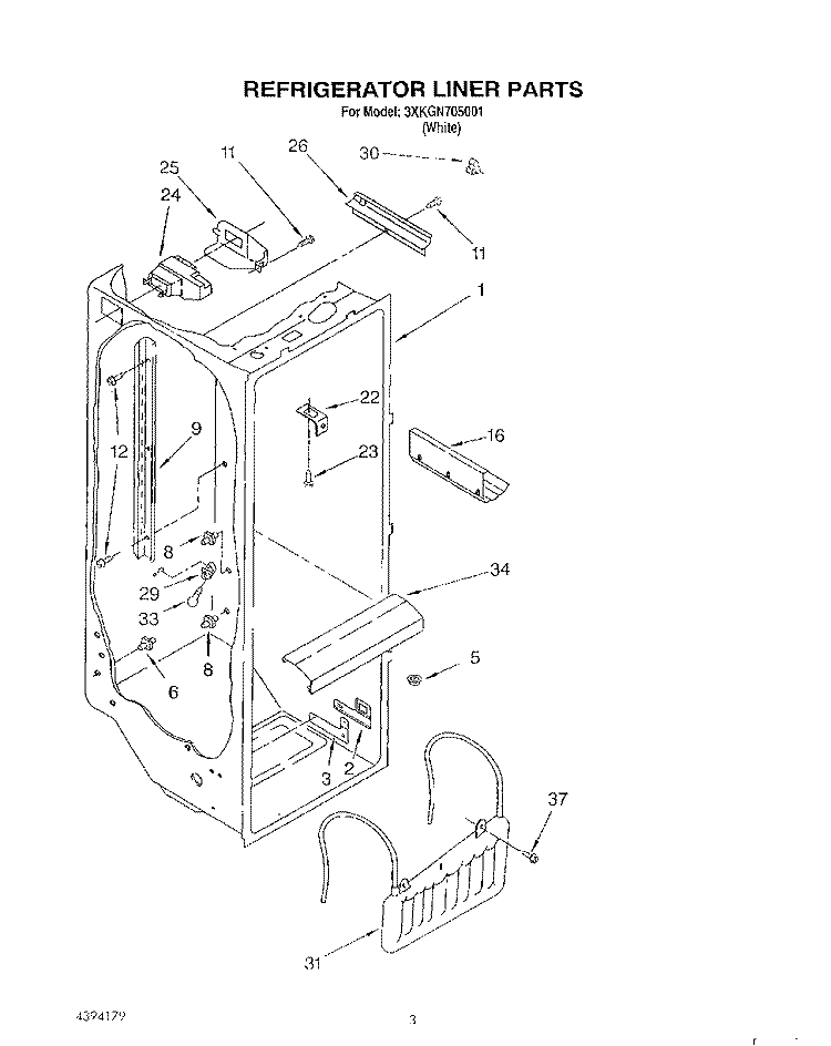 REFRIGERATOR LINER Diagram and Parts List for 3XKGN705001  Whirlpool Refrigerator