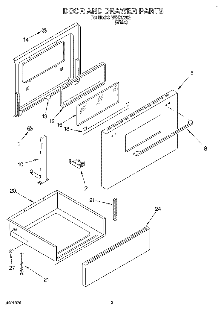 DOOR AND DRAWER Diagram and Parts List for WDE32202  Whirlpool Range