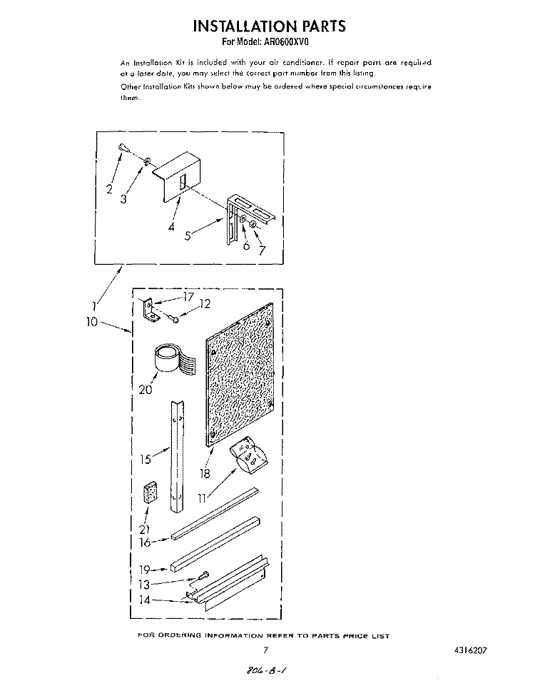 INSTALLATION Diagram and Parts List for AR0600XV0  Whirlpool Air Conditioner