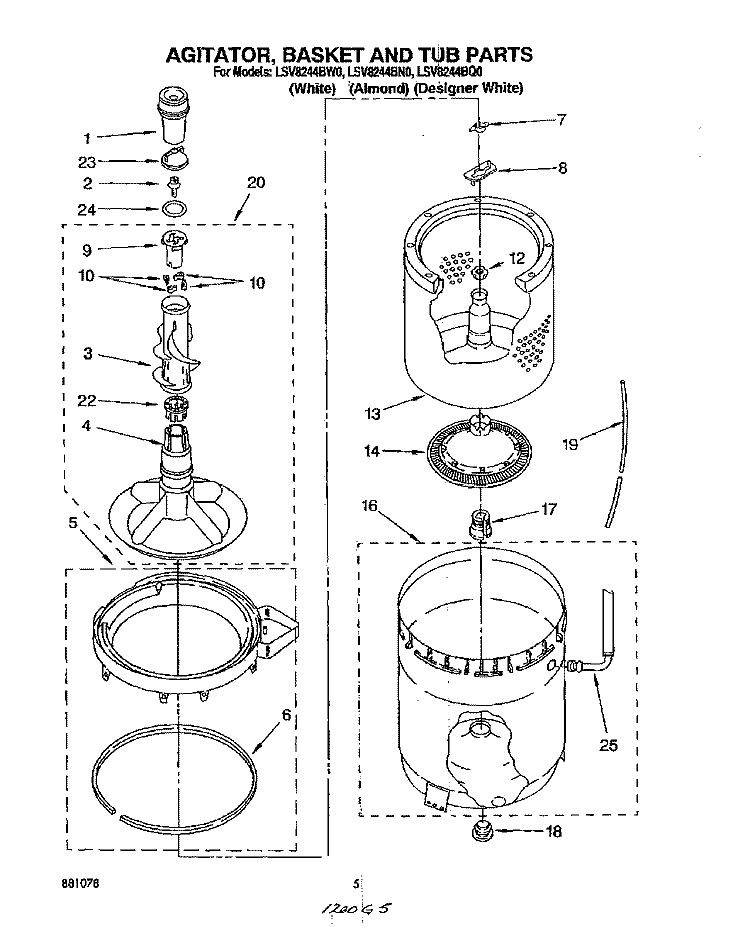 AGITATOR, BASKET AND TUB Diagram and Parts List for LSV8244BN0  Whirlpool Washer