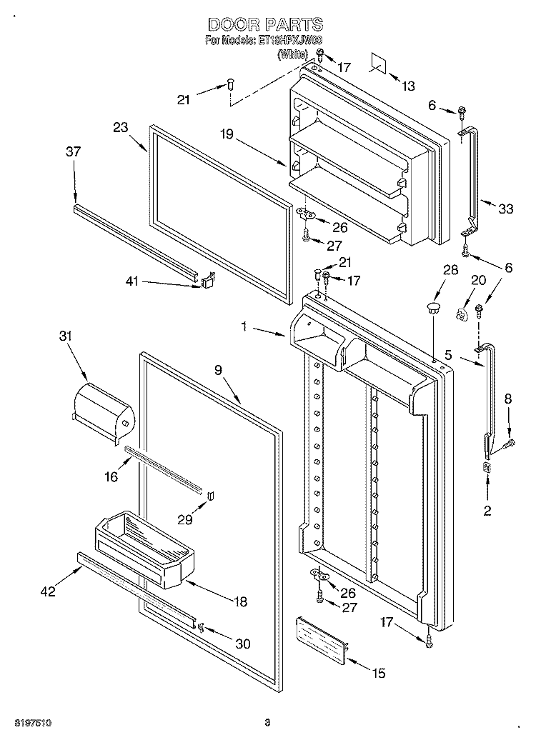 DOOR Diagram and Parts List for ET18HPXJW00  Whirlpool Refrigerator