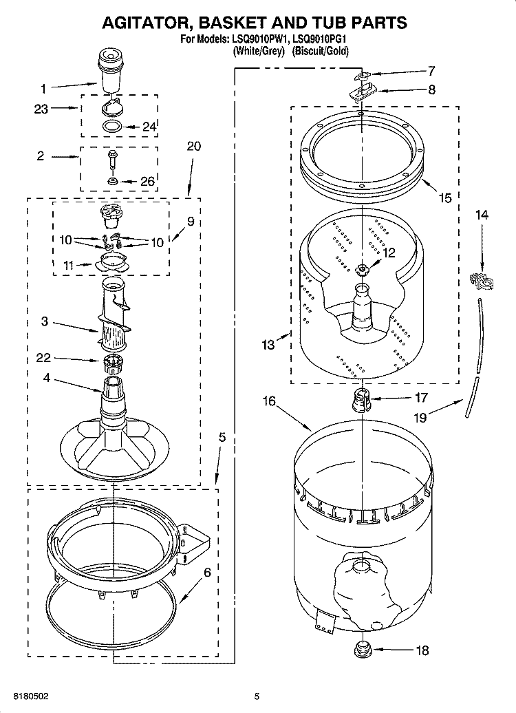 AGITATOR, BASKET AND TUB PARTS Diagram and Parts List for LSQ9010PG1  Whirlpool Washer