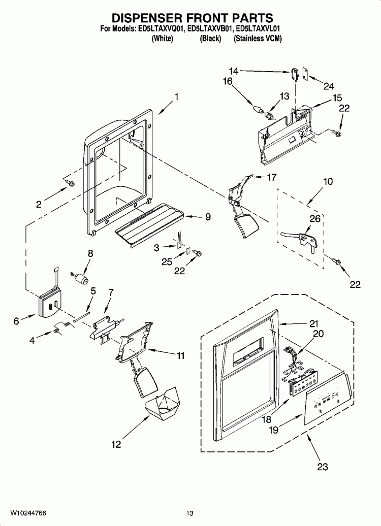 DISPENSER FRONT PARTS Diagram and Parts List for ED5LTAXVL01  Whirlpool Refrigerator