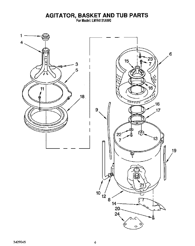 AGITATOR, BASKET AND TUB Diagram and Parts List for LMR4131AN0  Whirlpool Washer