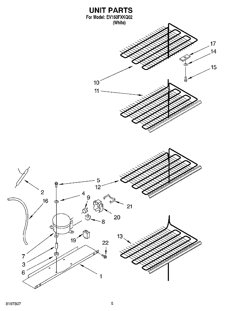 UNIT Diagram and Parts List for EV150FXKQ02  Whirlpool Freezer