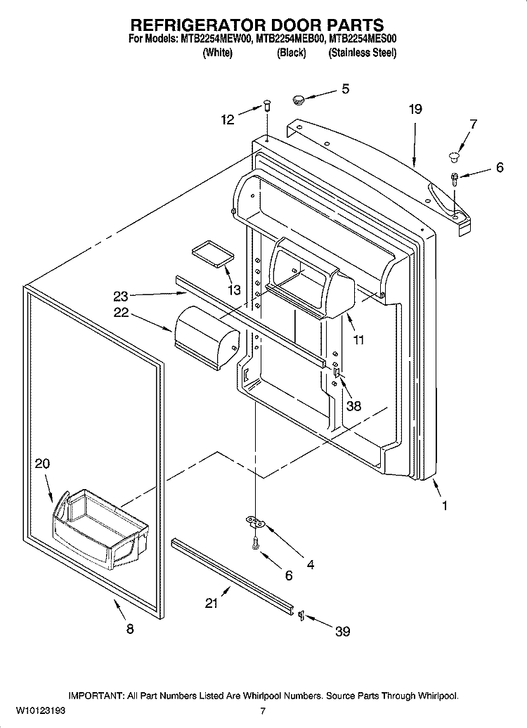 REFRIGERATOR DOOR PARTS Diagram and Parts List for MTB2254MES00  Whirlpool Refrigerator