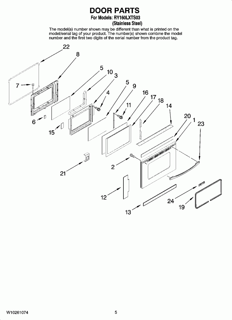 DOOR PARTS Diagram and Parts List for RY160LXTS03  Whirlpool Range