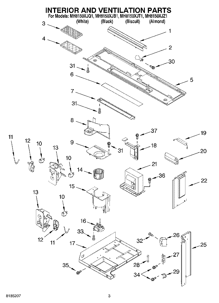 INTERIOR AND VENTILATION PARTS Diagram and Parts List for MH8150XJZ1  Whirlpool Microwave