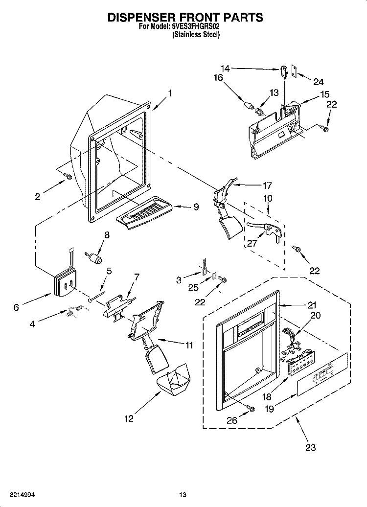 DISPENSER FRONT PARTS Diagram and Parts List for 5VES3FHGRS02  Whirlpool Refrigerator