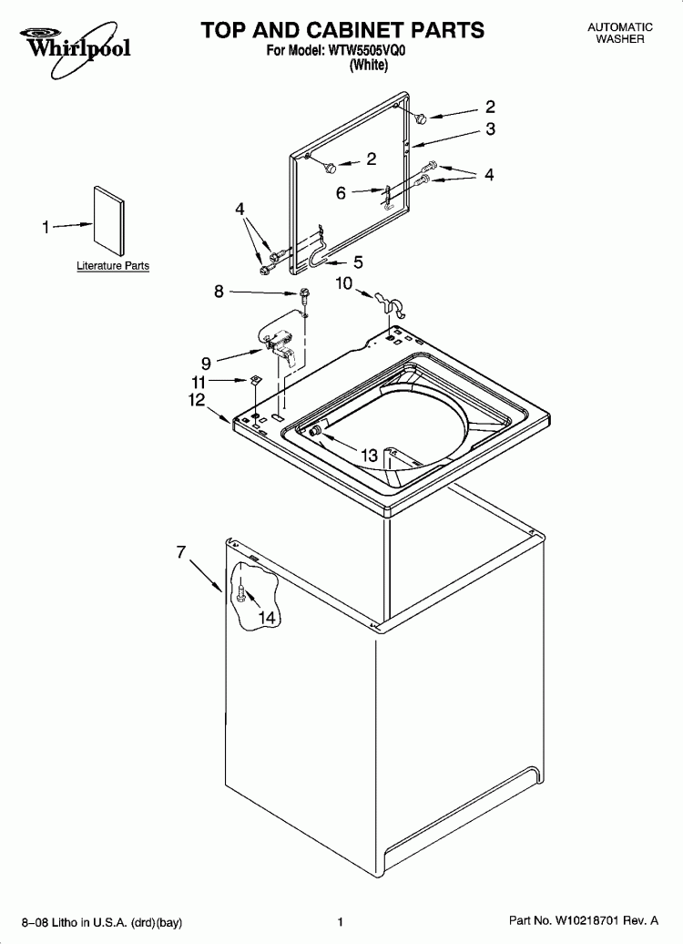 TOP AND CABINET PARTS Diagram and Parts List for WTW5505VQ0  Whirlpool Washer