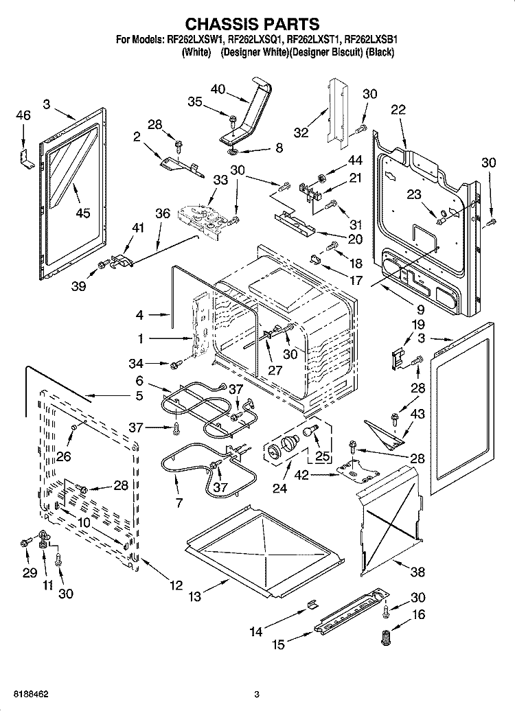 CHASSIS PARTS Diagram and Parts List for RF262LXSB1  Whirlpool Range