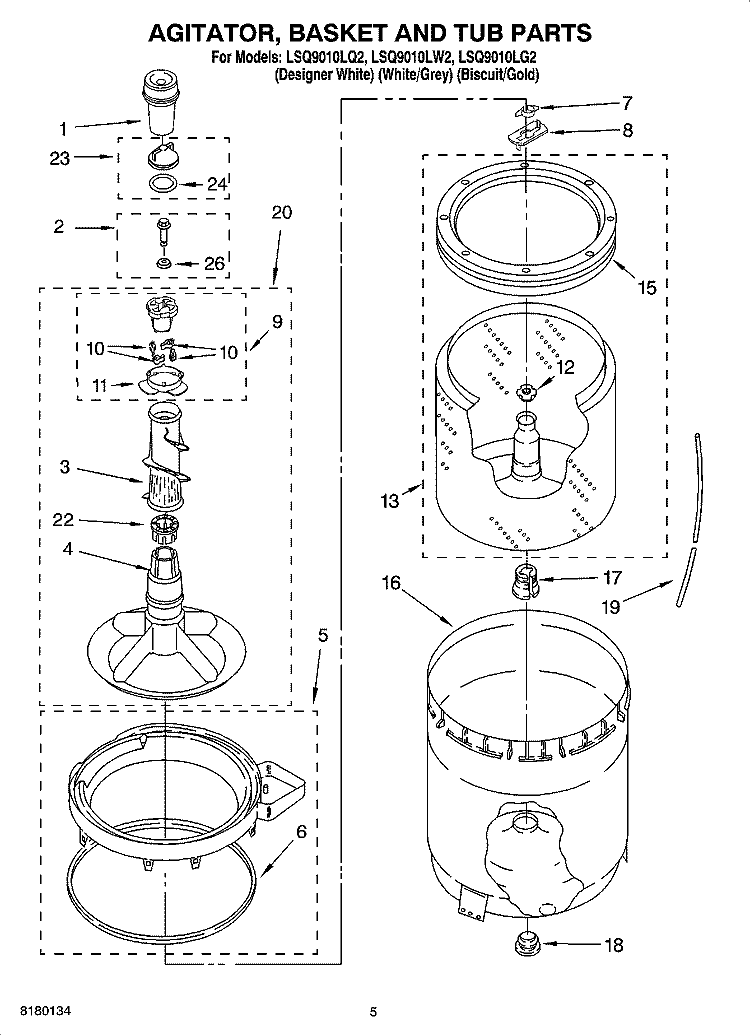 AGITATOR, BASKET AND TUB PARTS Diagram and Parts List for LSQ9010LG2  Whirlpool Washer