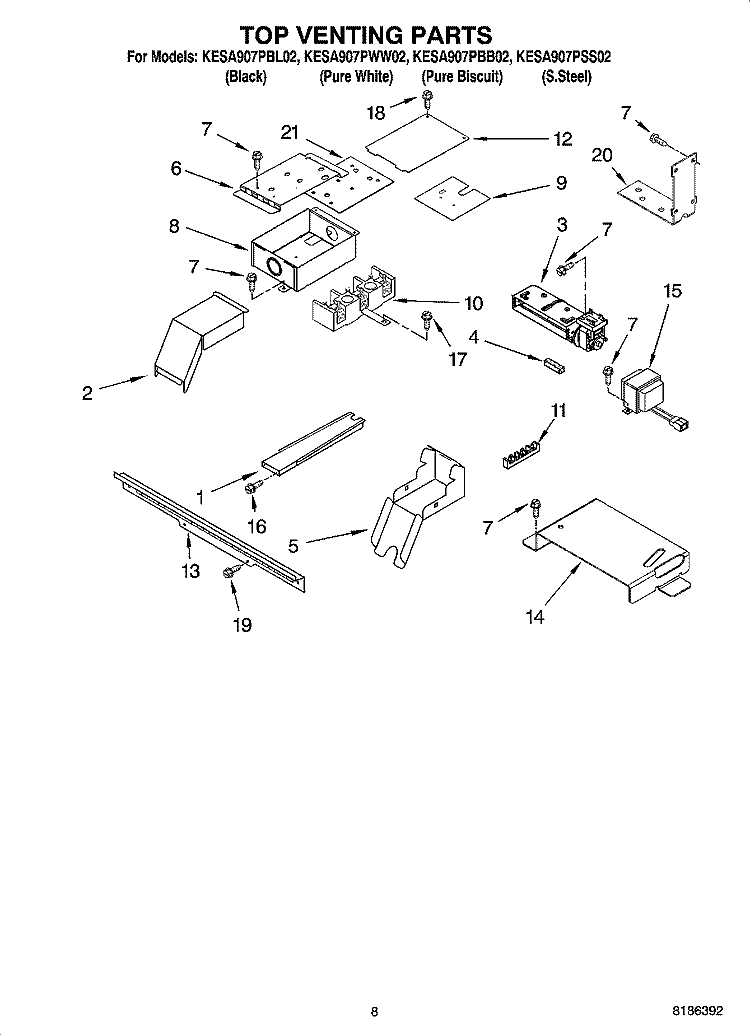 TOP VENTING PARTS, OPTIONAL PARTS Diagram and Parts List for KESA907PBL02  KitchenAid Range