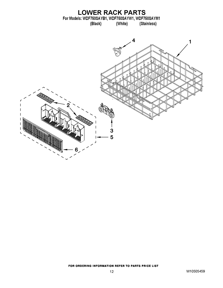 LOWER RACK PARTS Diagram and Parts List for WDF750SAYW1  Whirlpool Dishwasher