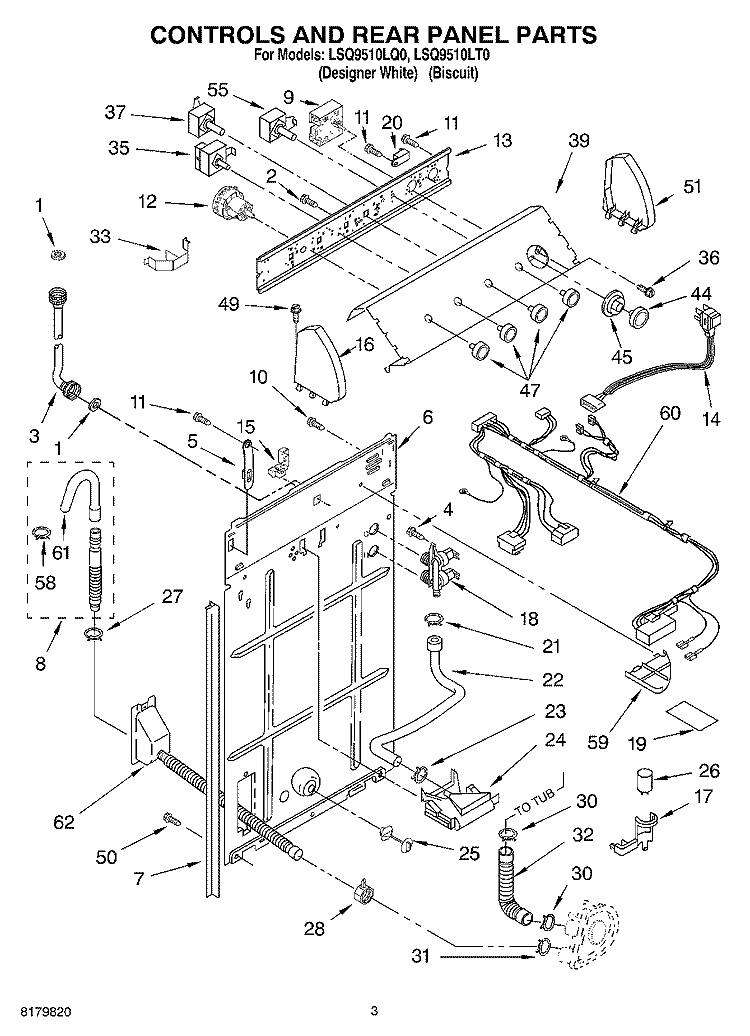 CONTROLS AND REAR PANEL Diagram and Parts List for LSQ9510LT0  Whirlpool Washer