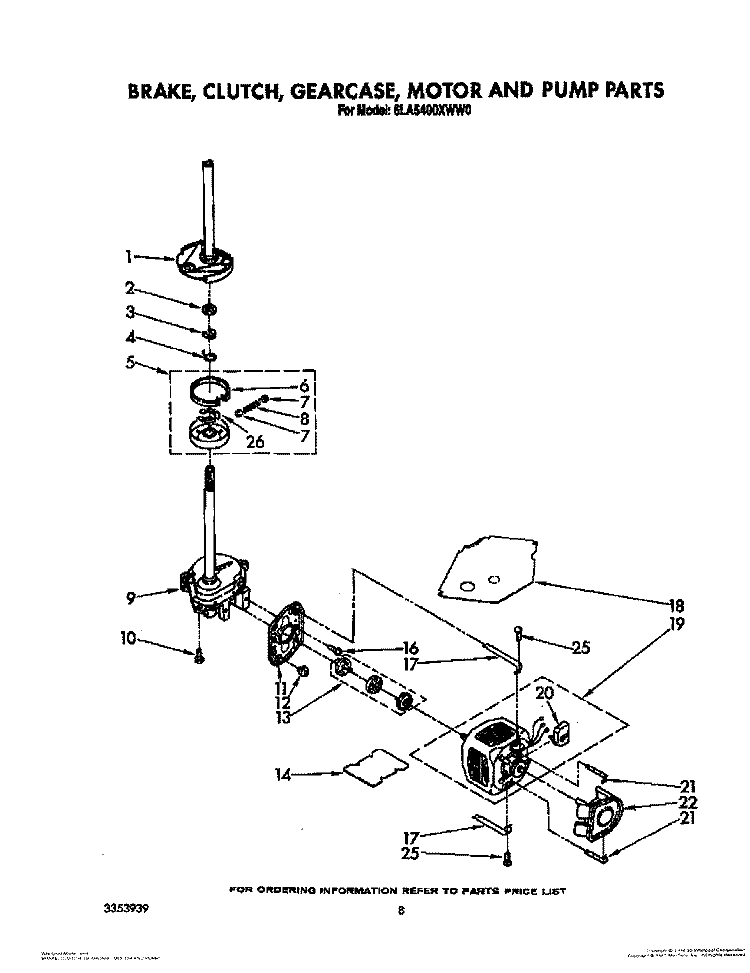 BRAKE, CLUTCH, GEARCASE, MOTOR AND PUMP Diagram and Parts List for 6LA5400XWM0  Whirlpool Washer