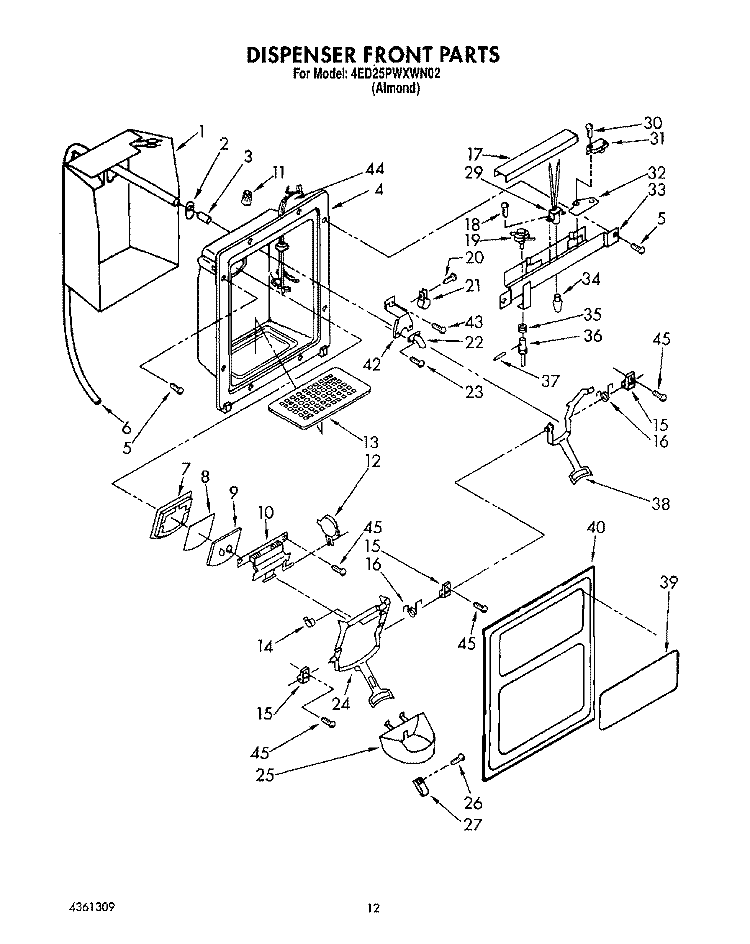 DISPENSER FRONT Diagram and Parts List for 4ED25PWXWN02  Whirlpool Refrigerator